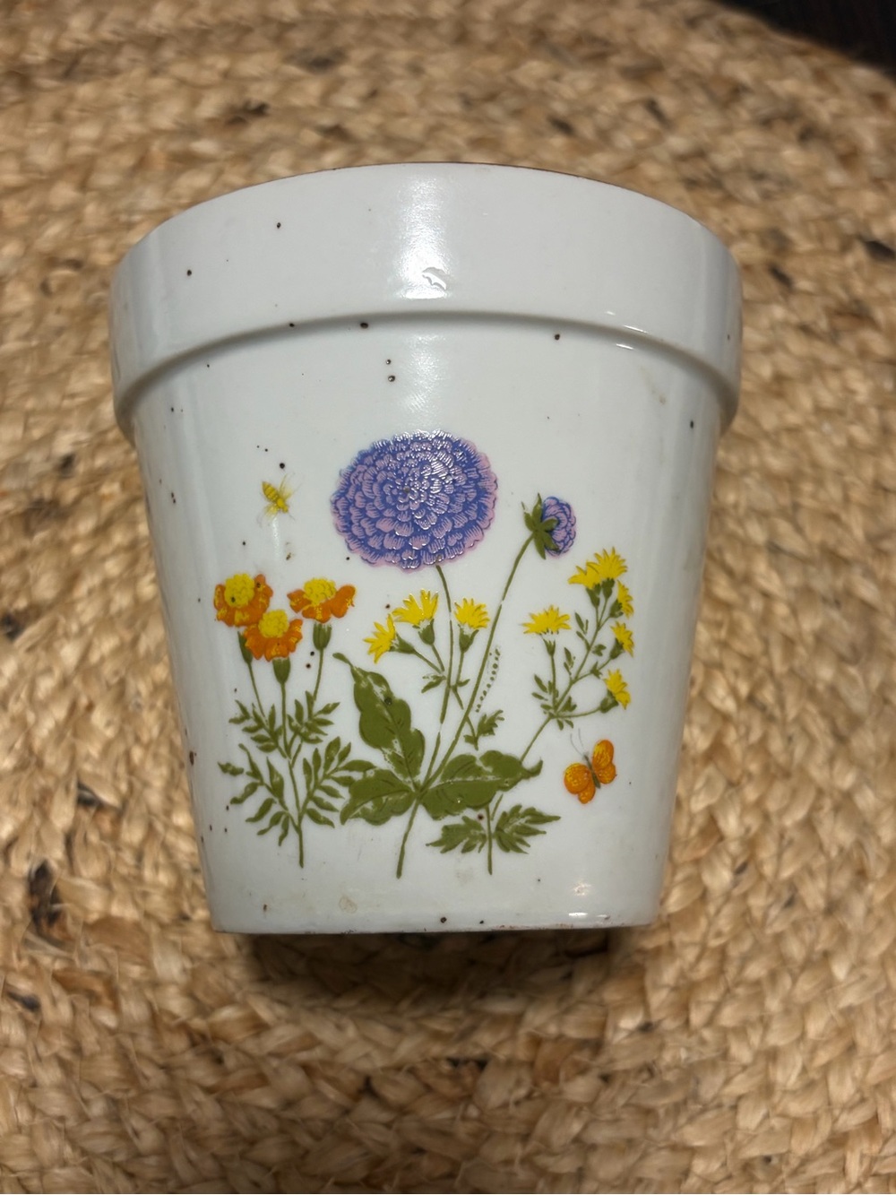 White Floral Ceramic Planter with Purple and Yellow Wildflower Design